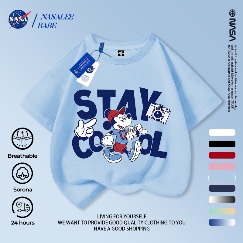 [Hàng có sẵn Vận chuyển nhanh] Chuột Mickey NASA Mickey Trẻ em Tay ngắn mùa hè Cotton nguyên chất thoáng khí vừa lớn Trẻ em in hình vui nhộn