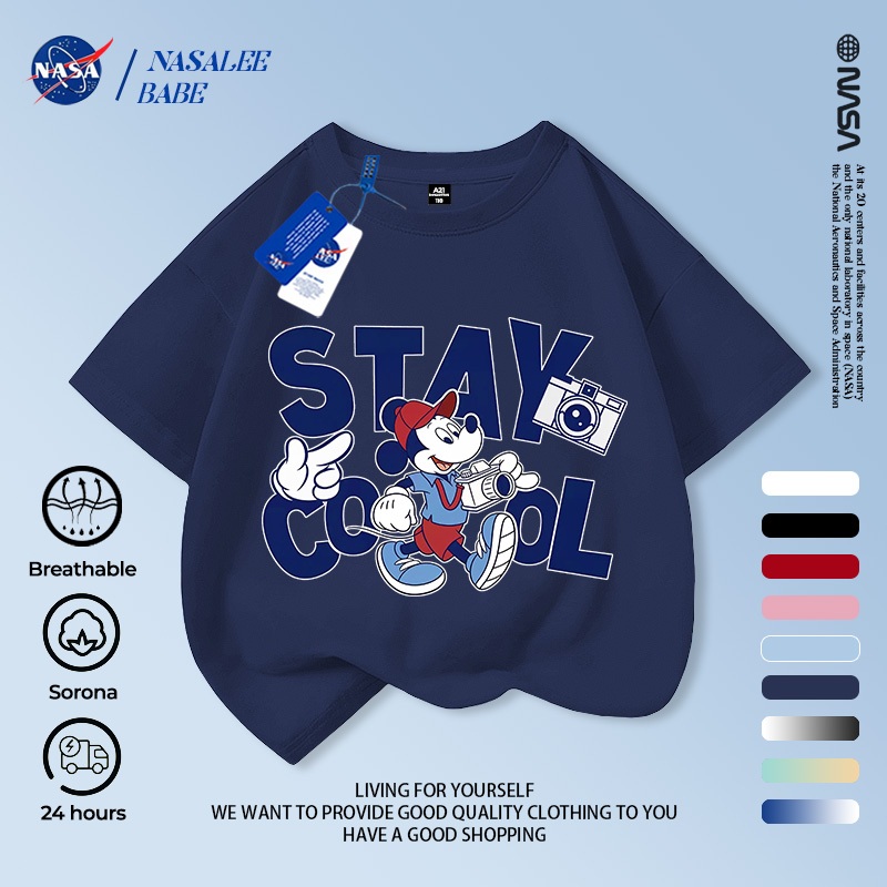 [Hàng có sẵn Vận chuyển nhanh] Chuột Mickey NASA Mickey Trẻ em Tay ngắn mùa hè Cotton nguyên chất thoáng khí vừa lớn Trẻ em in hình vui nhộn
