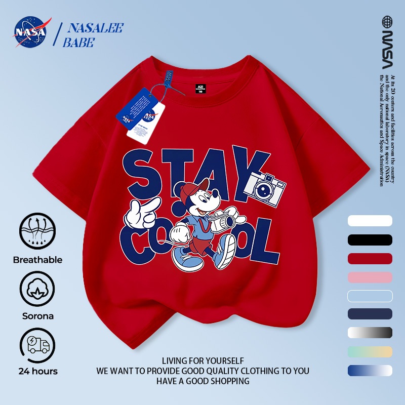 [Hàng có sẵn Vận chuyển nhanh] Chuột Mickey NASA Mickey Trẻ em Tay ngắn mùa hè Cotton nguyên chất thoáng khí vừa lớn Trẻ em in hình vui nhộn