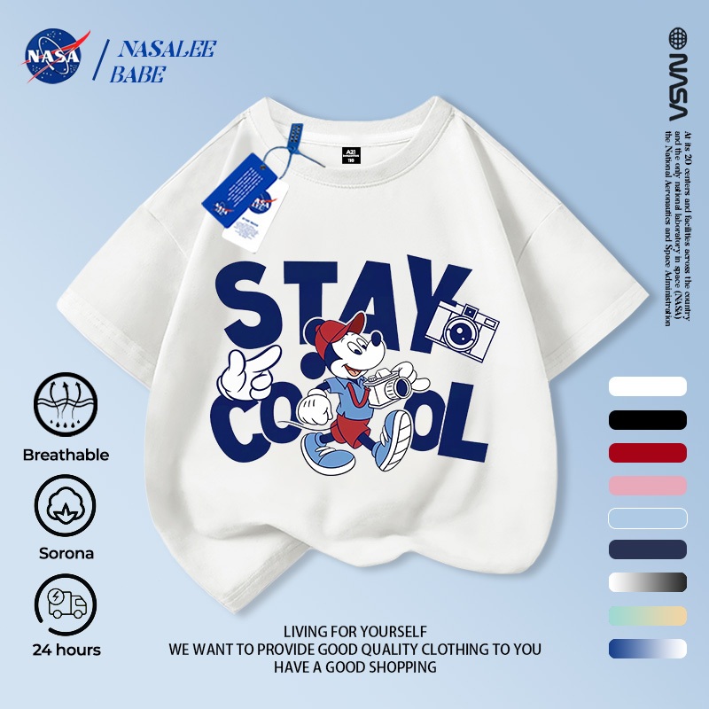 [Hàng có sẵn Vận chuyển nhanh] Chuột Mickey NASA Mickey Trẻ em Tay ngắn mùa hè Cotton nguyên chất thoáng khí vừa lớn Trẻ em in hình vui nhộn