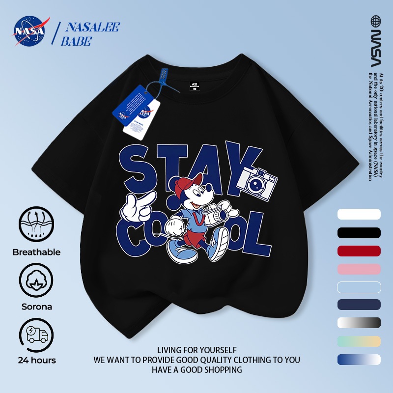 [Hàng có sẵn Vận chuyển nhanh] Chuột Mickey NASA Mickey Trẻ em Tay ngắn mùa hè Cotton nguyên chất thoáng khí vừa lớn Trẻ em in hình vui nhộn