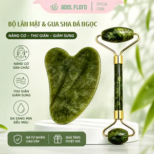 【Adel Floro】Bộ Lăn Mặt Ngọc Bích & Gua Sha - Massage thư giãn, Giảm sưng mắt, Thư giãn, Thông kinh