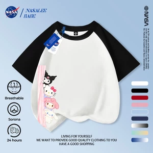 Áo thun ngắn tay mùa hè dành cho trẻ em NASA Sanrio Cotton nguyên chất thoáng khí cỡ vừa lớn dành cho trẻ em in hình vui nhộn