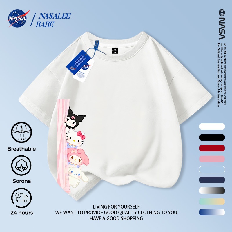 [Hàng có sẵn Vận chuyển nhanh] Áo thun ngắn tay mùa hè dành cho trẻ em NASA Sanrio Cotton nguyên chất thoáng khí cỡ vừa lớn dành cho trẻ em in hình vui nhộn