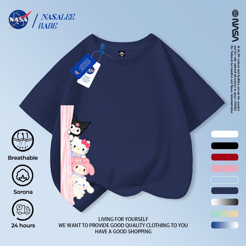 [Hàng có sẵn Vận chuyển nhanh] Áo thun ngắn tay mùa hè dành cho trẻ em NASA Sanrio Cotton nguyên chất thoáng khí cỡ vừa lớn dành cho trẻ em in hình vui nhộn