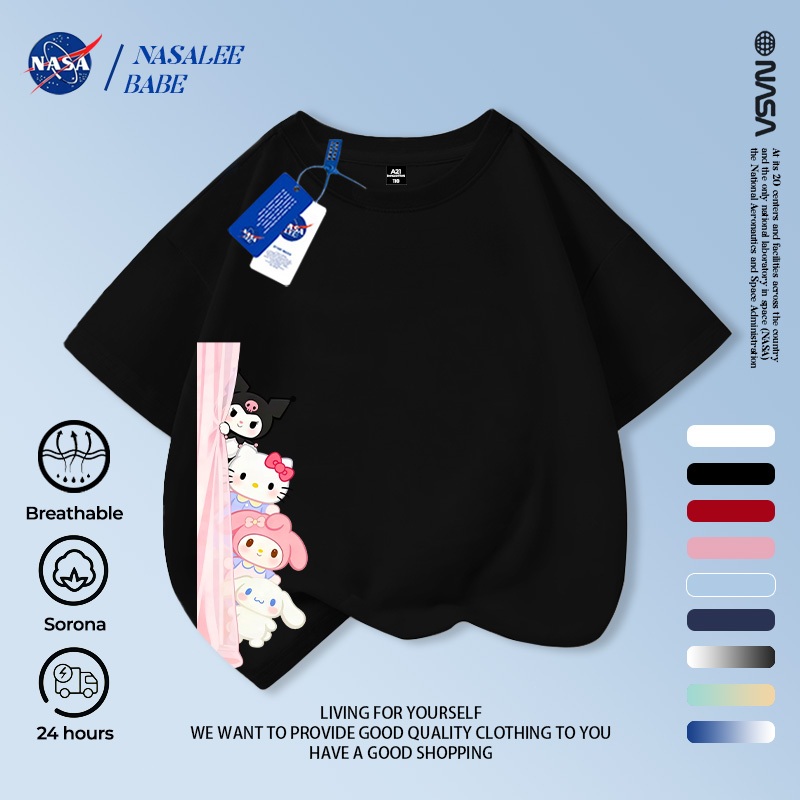 [Hàng có sẵn Vận chuyển nhanh] Áo thun ngắn tay mùa hè dành cho trẻ em NASA Sanrio Cotton nguyên chất thoáng khí cỡ vừa lớn dành cho trẻ em in hình vui nhộn