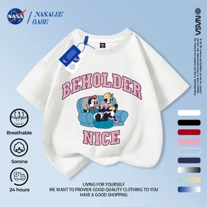 NASA Little Penguin Charlie Willie Trẻ em Áo ngắn tay mùa hè Cotton nguyên chất thoáng khí vừa lớn Trẻ em in hình vui nhộn