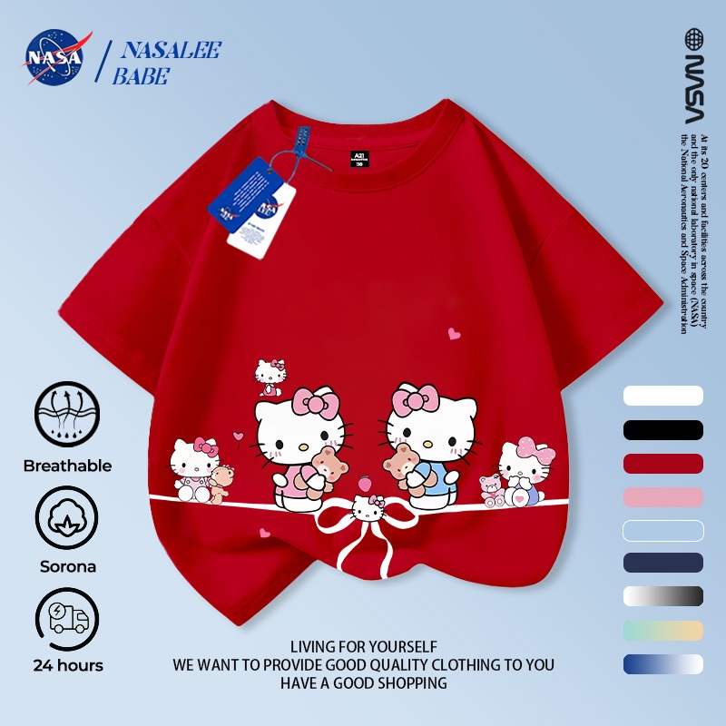[Hàng có sẵn Vận chuyển nhanh] NASA Hello Kitty Trẻ em ngắn tay mùa hè Cotton nguyên chất thoáng khí vừa lớn Trẻ em in hình vui nhộn