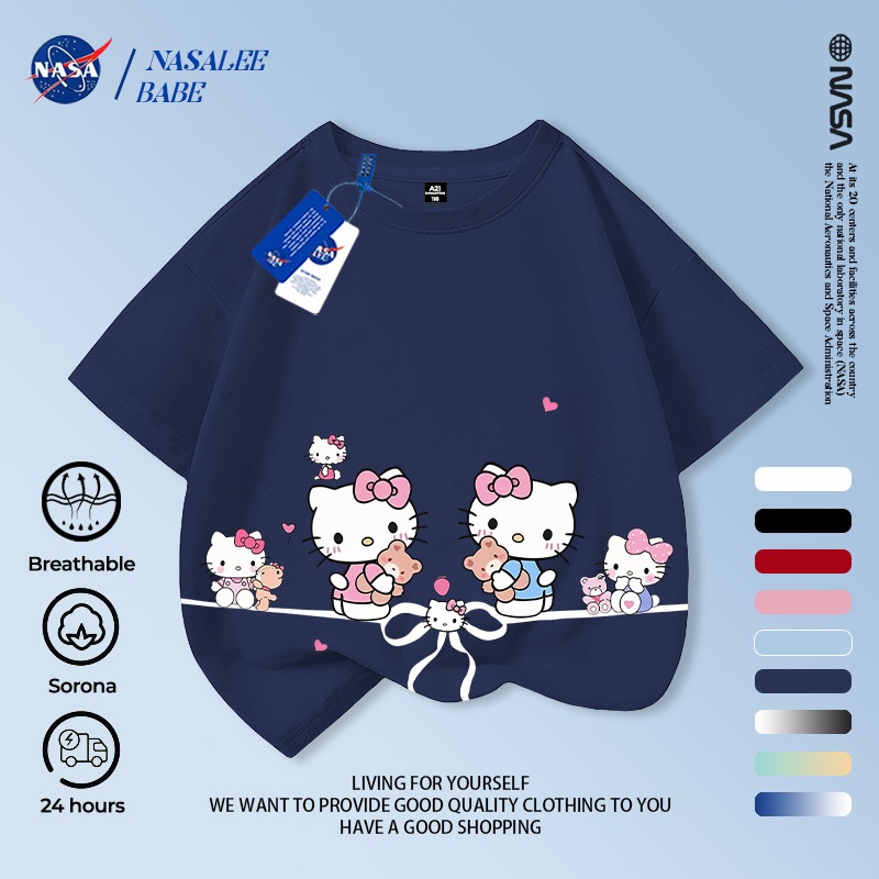 [Hàng có sẵn Vận chuyển nhanh] NASA Hello Kitty Trẻ em ngắn tay mùa hè Cotton nguyên chất thoáng khí vừa lớn Trẻ em in hình vui nhộn