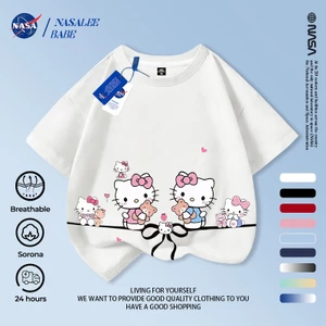 NASA Hello Kitty Trẻ em ngắn tay mùa hè Cotton nguyên chất thoáng khí vừa lớn Trẻ em in hình vui nhộn