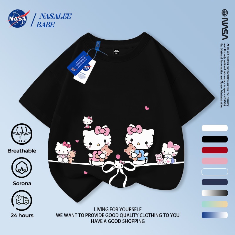 [Hàng có sẵn Vận chuyển nhanh] NASA Hello Kitty Trẻ em ngắn tay mùa hè Cotton nguyên chất thoáng khí vừa lớn Trẻ em in hình vui nhộn