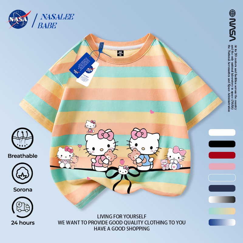 [Hàng có sẵn Vận chuyển nhanh] NASA Hello Kitty Trẻ em ngắn tay mùa hè Cotton nguyên chất thoáng khí vừa lớn Trẻ em in hình vui nhộn