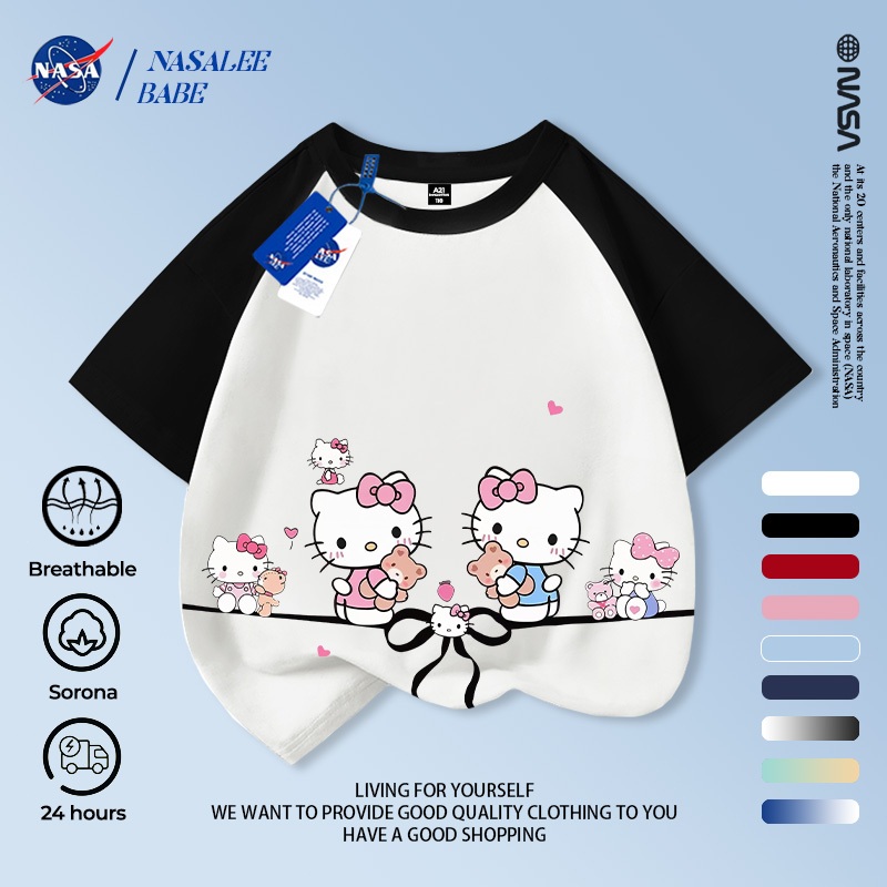 [Hàng có sẵn Vận chuyển nhanh] NASA Hello Kitty Trẻ em ngắn tay mùa hè Cotton nguyên chất thoáng khí vừa lớn Trẻ em in hình vui nhộn