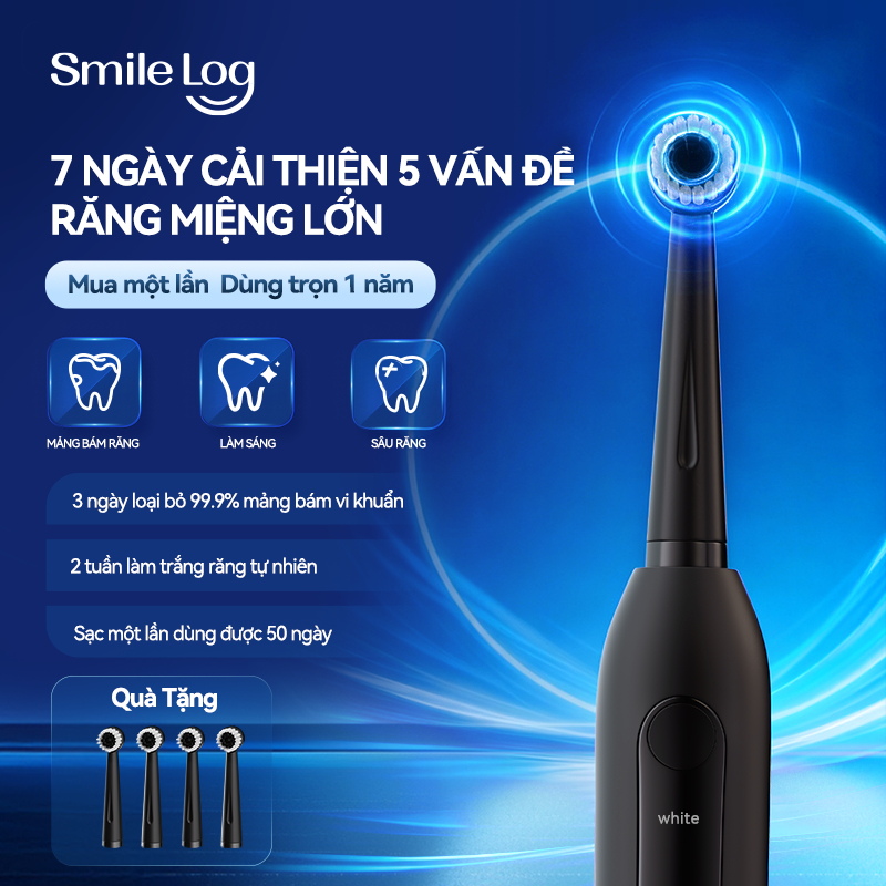Smile Log Bàn chải điện đầu tròn mới Smile Log 2.0, Tặng 04 đầu bàn chải thay thế, nhiều chế độ chăm sóc nướu, làm sạch sâu 360°, hiệu quả loại bỏ cao răng, chống nước IPX7, thời lượng pin 50 ngày, bàn chải rung dao động thông minh