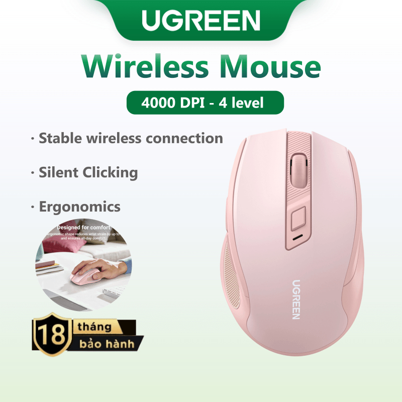 Chuột không dây UGREEN 2.4G, Tay cầm thoải mái im lặng 4000 DPI cho máy tính xách tay