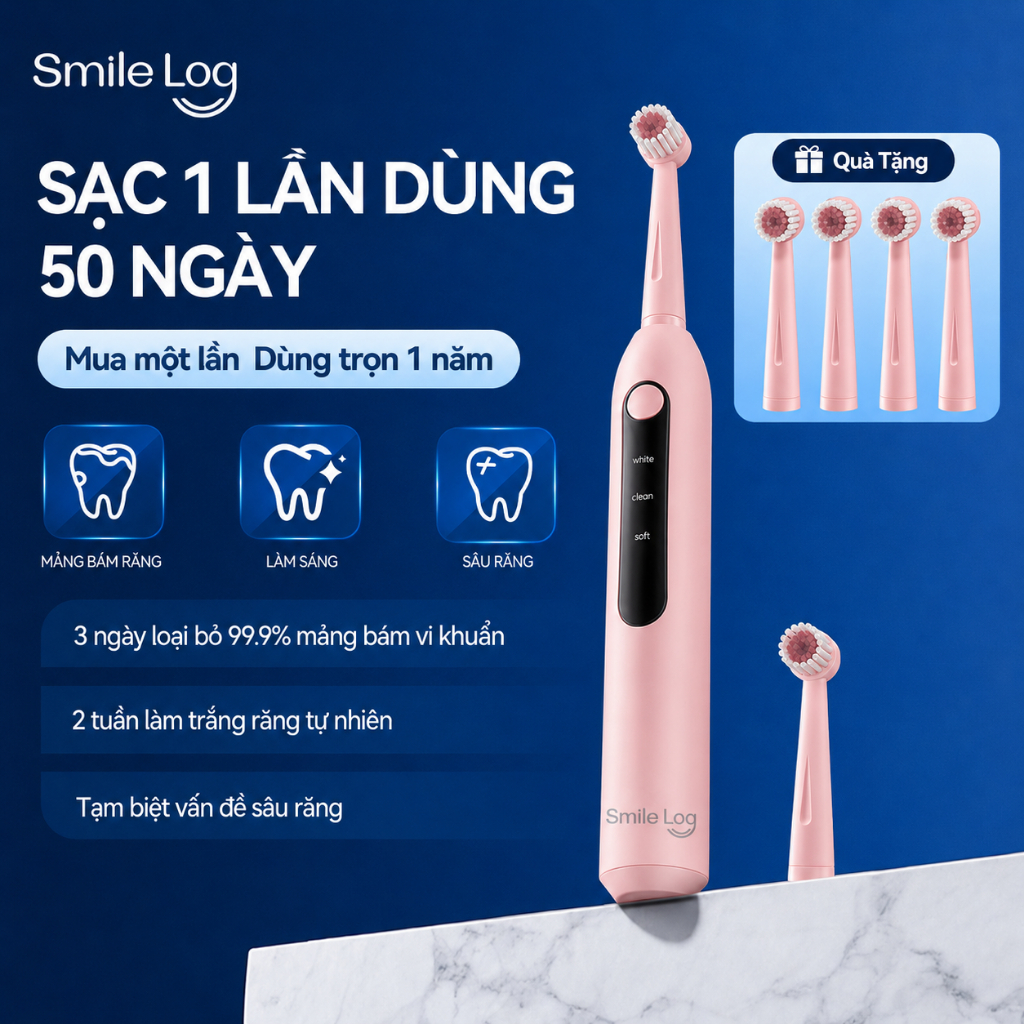 Smile Log Bàn chải điện đầu tròn Smile Log 2.0 mới, tặng kèm 04 đầu bàn chải đánh răng thay thế, nhiều chế độ chăm sóc nướu, làm sạch sâu 360°, hiệu quả loại bỏ cao răng, chống nước IPX7, thời lượng pin 50 ngày, bàn chải rung dao động thông minh