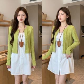[Giảm giá trong thời gian có hạn] Áo len dệt kim màu xanh lá cây + Bộ đồ hai mảnh màu trắng cho nữ Mùa hè Phong cách mới Bộ đồ chống nắng phong cách Hàn Quốc Phong cách nhẹ nhàng