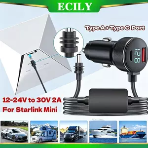 Bộ chuyển đổi nguồn Mini Starlink chống nước ECILY 12V-24V sang 30V 2A Bộ chuyển đổi bước lên QC3.0 + PD Type C Bộ sạc điện thoại với Vôn kế kỹ thuật số
