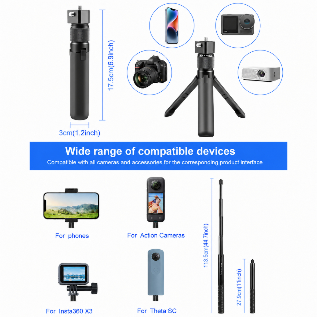 Tay cầm Bullet Time kiêm chân máy cho Insta360 X5/X4/X3, DJI OSMO Pocket 3, GoPro – Tay cầm xoay 360°, ren 1/4", tải trọng 6 lbs
