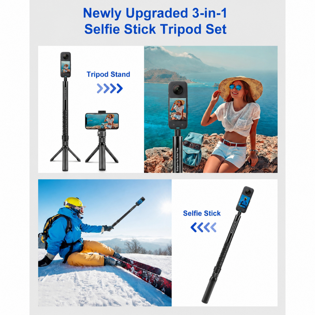 Tay cầm Bullet Time kiêm chân máy cho Insta360 X5/X4/X3, DJI OSMO Pocket 3, GoPro – Tay cầm xoay 360°, ren 1/4", tải trọng 6 lbs
