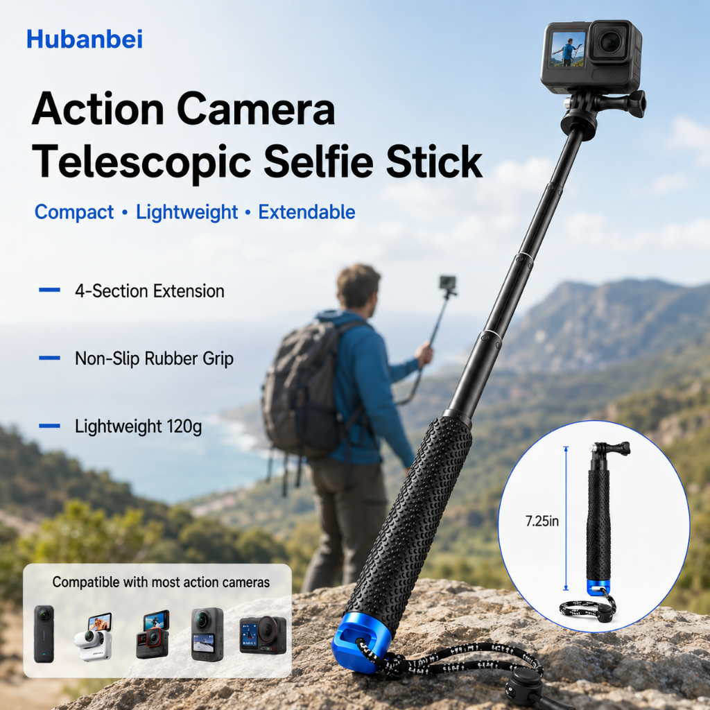 Gậy selfie chống nước kéo dài 19–50cm với tay cầm cao su chống trượt, khóa xoay, ren 1/4", tương thích GoPro/OSMO/camera hành động