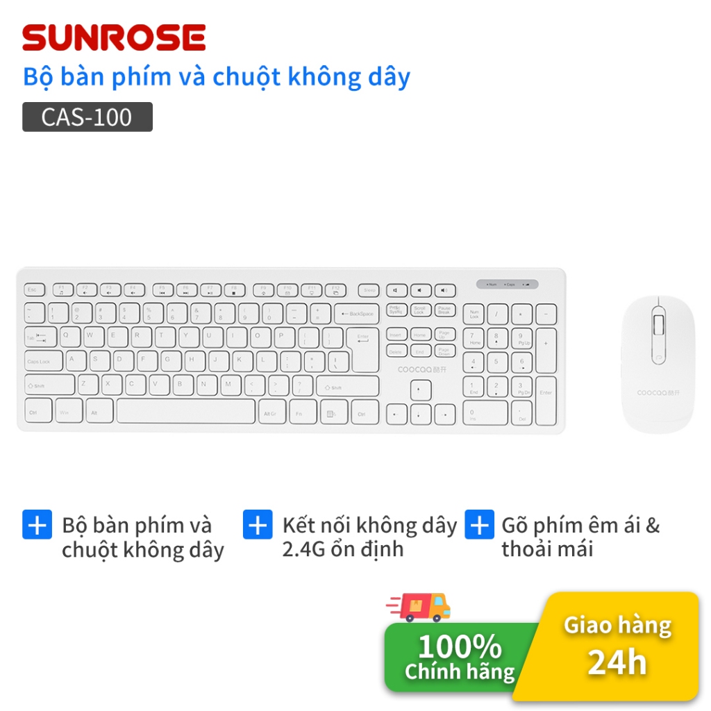 SUNROSE CAS-100 Bộ bàn phím chuột không dây 2.4G Không Dây 108 Phím Im Lặng Gõ 3 Cấp DPI (800 / 1200 / 1600) Bàn Phím Và Chuột Không Dây Chống Bụi, Keyboard mouse combo