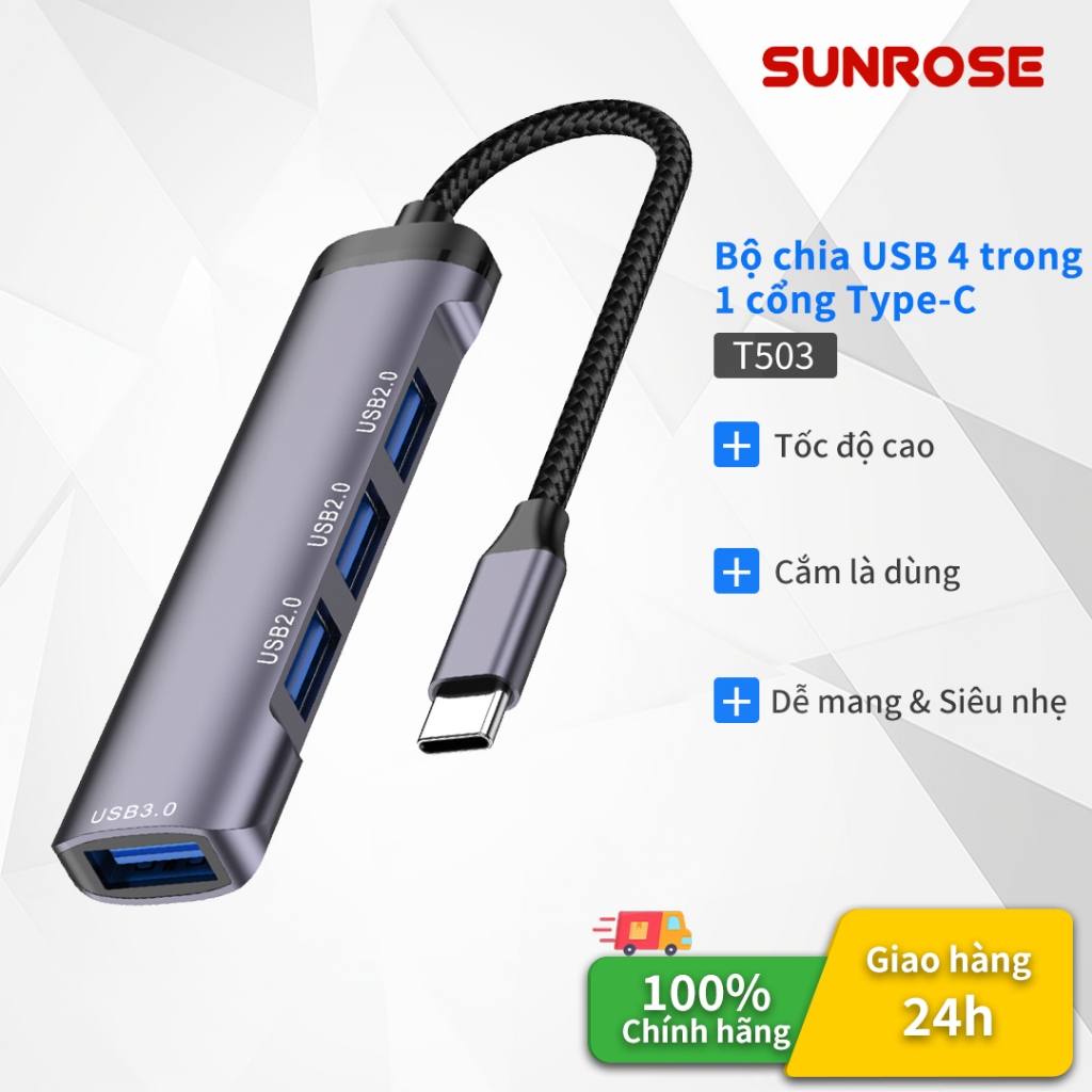 SUNROSE 4 trong 1 USB-C Hub 1 Cổng USB 3.0 + 3 Cổng USB 2.0 5Gbps Truyền dữ liệu tốc độ cao Bộ chuyển đổi đa cổng cho máy tính xách tay Máy tính bảng và hơn thế nữa