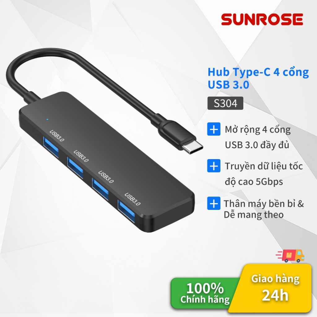 SUNROSE 4 trong 1 USB-C Hub 4x USB 3.0 Cổng 5Gbps Mini Di Động Tốc Độ Cao Cắm & Chạy Đèn Báo Tản Nhiệt Nhanh Cho Laptop & Máy Tính Bảng