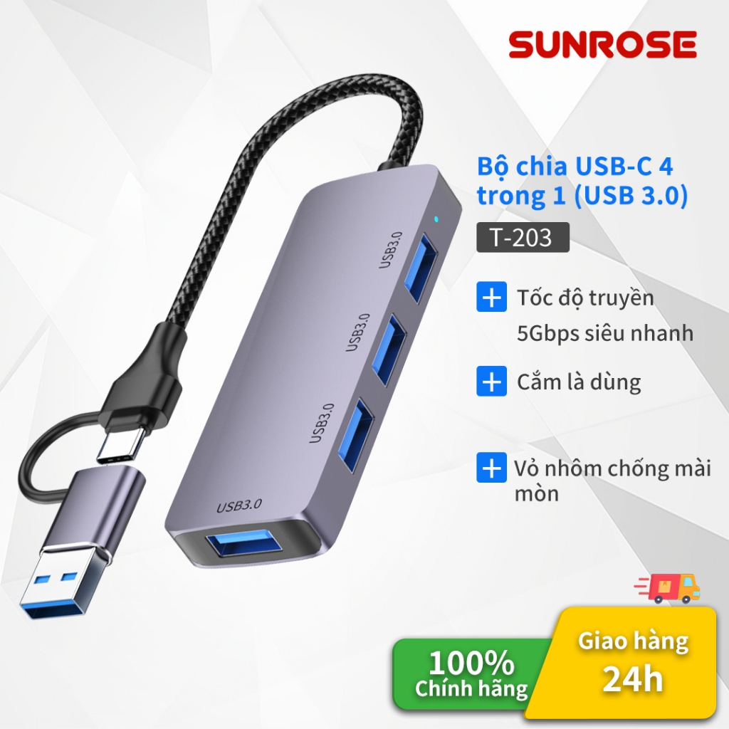 Sunrose 4 trong 1 USB 3.0 Type-C Hub 5Gbps Truyền dữ liệu tốc độ cao Vỏ nhôm cao cấp 4 cổng USB 3.0 Plug & Play Tương thích với Windows / Mac / Linux cho máy tính xách tay MacBook PC,