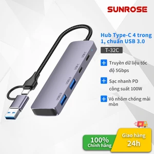 Sunrose Hub USB 3.0 Type-C 4 trong 1, Truyền dữ liệu tốc độ cao 5Gbps, Sạc nhanh 100W PD, Vỏ nhôm cao cấp, 4 cổng USB 3.0, Plug & Play, Tương thích với Windows / Mac / Linux, f
