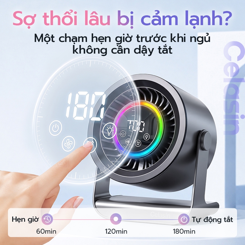 Quạt Để Bàn Cao Tốc 2026,RGB, 3 Tốc Độ, Hẹn Giờ, Cảm Ứng, Sạc Nhanh, Quạt Type-C Văn Phòng
