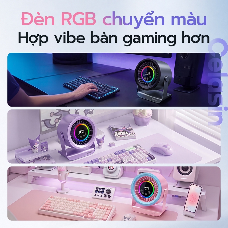 Quạt Để Bàn Cao Tốc 2026,RGB, 3 Tốc Độ, Hẹn Giờ, Cảm Ứng, Sạc Nhanh, Quạt Type-C Văn Phòng