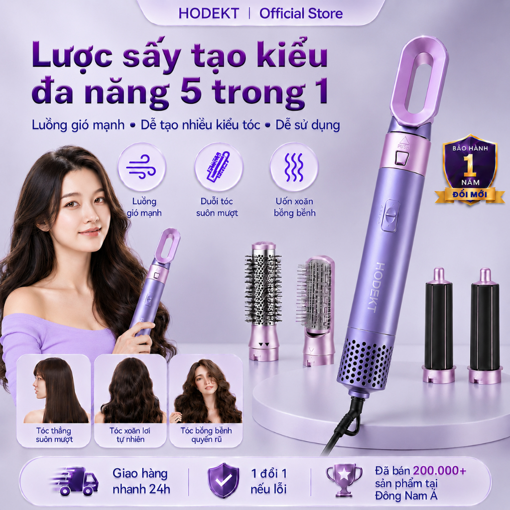 Lược Điện Tạo Kiểu HODEKT 5in1 Sấy/Phồng/Duỗi/Uốn Tự Động Làm Nóng Nhanh PTC Chăm Sóc Tóc Bằng Ion