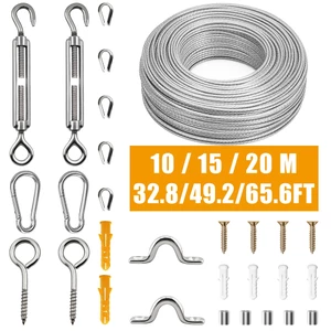 10 / 15 / 20M 304 Bộ dây thép không gỉ phủ PVC Hàng rào sân vườn Bảo hiểm Cắm trại Dây phơi quần áo Ban công Lan can Hàng rào nông nghiệp