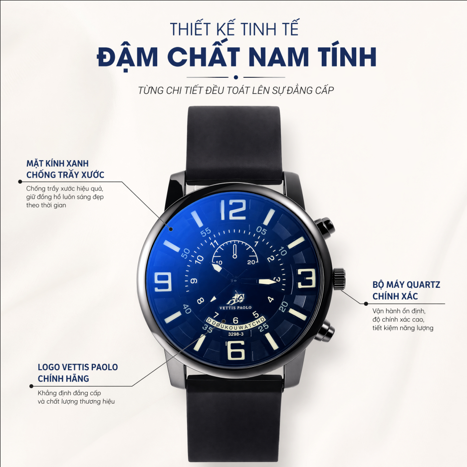Đồng Hồ Đeo Tay Nam Thể Thao, Máy Quartz Chính Xác, Chống Nước 3ATM, Mặt Số Lớn, Phong Cách Thời Trang