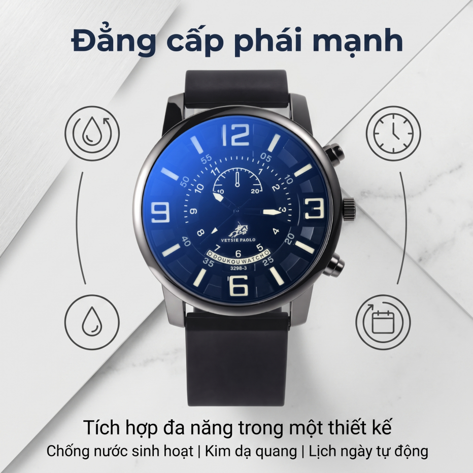 Đồng Hồ Đeo Tay Nam Thể Thao, Máy Quartz Chính Xác, Chống Nước 3ATM, Mặt Số Lớn, Phong Cách Thời Trang