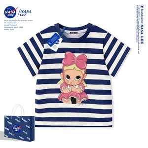 Áo thun sọc ngang NASA x Barbie cotton cổ tròn in hình cô bé hoạt hình dễ thương cho bé gái mặc hè