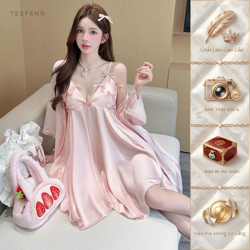 TEEFENG Váy Ngủ Nữ Cao Cấp Lụa Gợi Cảm Nơ Mùa Hè Sling Mỏng Có Miếng Lót Ngực Loungewear