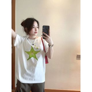 Áo thun nữ cotton cổ tròn in hình hoạt hình, dáng rộng, tay ngắn, phong cách lười, hàng mới 2026
