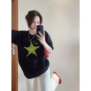 Áo thun nữ cotton cổ tròn in hình hoạt hình, dáng rộng, tay ngắn, phong cách lười, hàng mới 2026