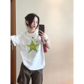 Áo thun nữ cotton cổ tròn in hình hoạt hình, dáng rộng, tay ngắn, phong cách lười, hàng mới 2026