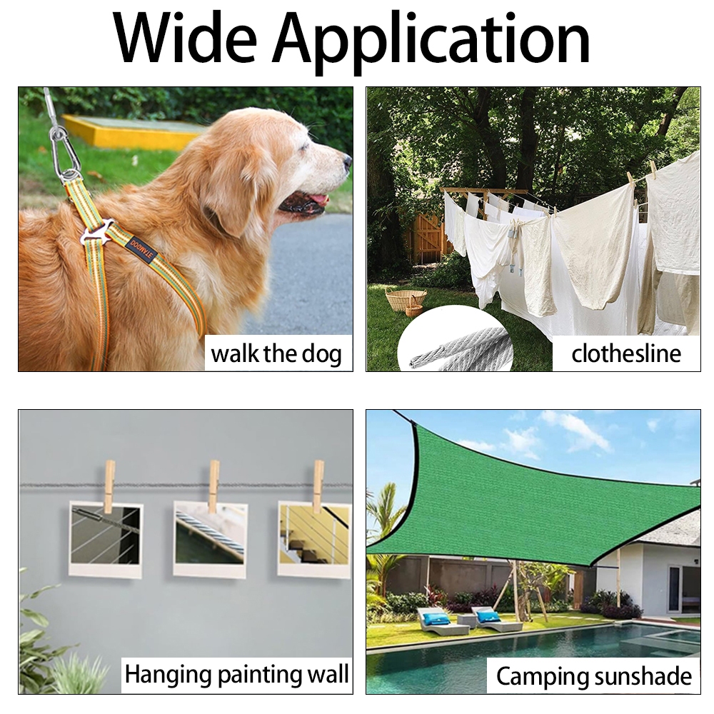 Bộ dây thép không gỉ 3mm 4mm có lớp phủ PVC và kẹp cáp Khóa lò xo cho dây phơi quần áo Dây xích chó Tấm che nắng Lều