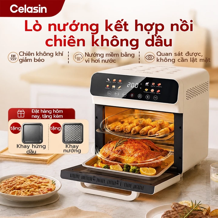 Celasin Nồi Chiên Không Dầu Đa Năng Hấp Nướng, Công Nghệ Gió Nóng 360°, Lòng Nồi Inox, 80-200 Độ