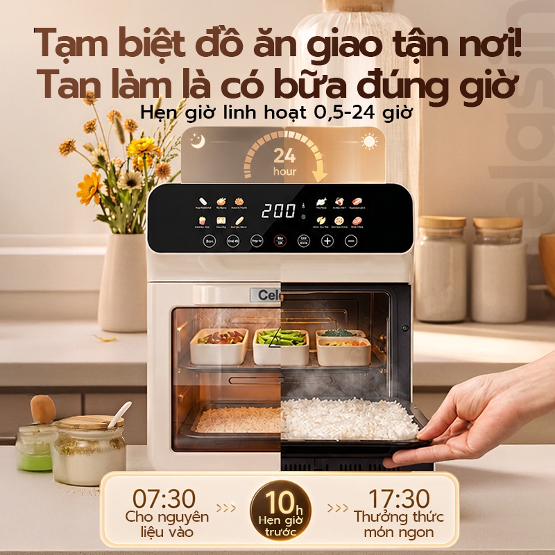 Celasin Nồi Chiên Không Dầu Đa Năng Hấp Nướng, Công Nghệ Gió Nóng 360°, Lòng Nồi Inox, 80-200 Độ