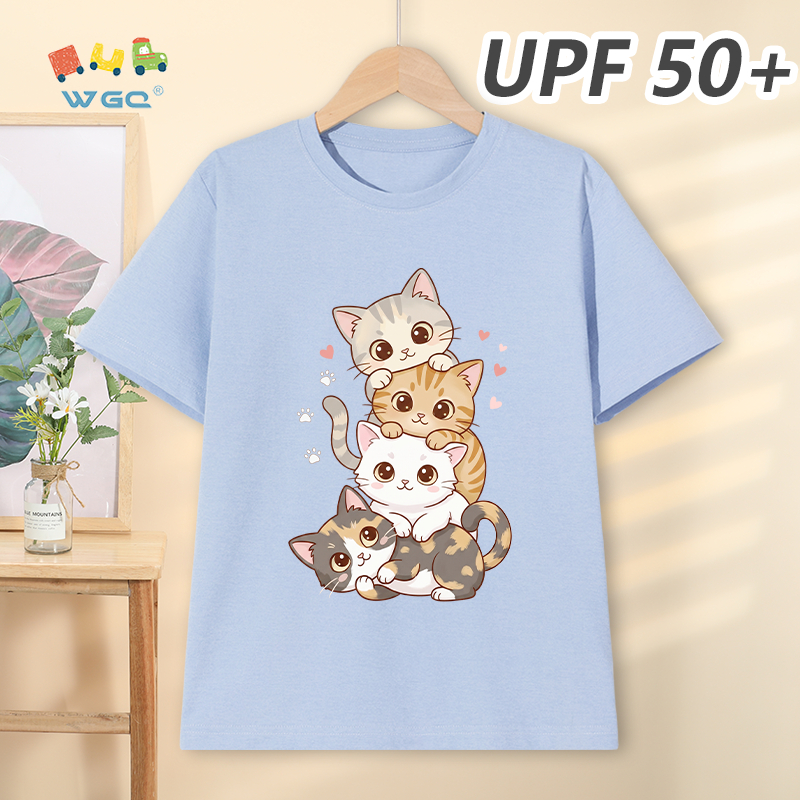 W.G.Q Áo thun bé gái / bé trai，Phong cách mới mùa hè có chức năng chống nắng UPF50 +，Thoải mái mát mẻ，thấm mồ hôi thoáng khí，có in hình mèo con