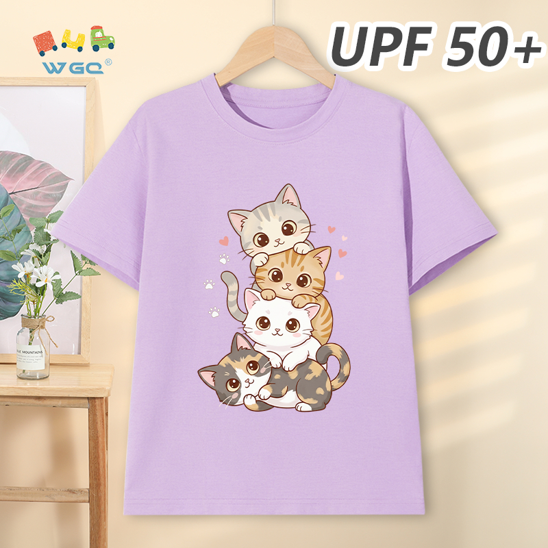 W.G.Q Áo thun bé gái / bé trai，Phong cách mới mùa hè có chức năng chống nắng UPF50 +，Thoải mái mát mẻ，thấm mồ hôi thoáng khí，có in hình mèo con