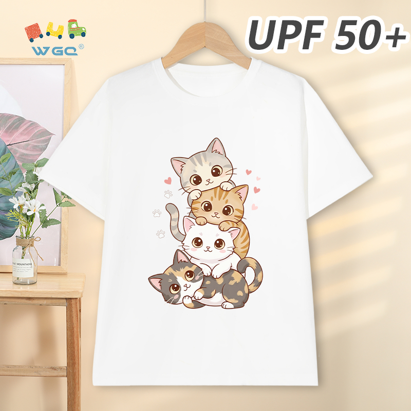 W.G.Q Áo thun bé gái / bé trai，Phong cách mới mùa hè có chức năng chống nắng UPF50 +，Thoải mái mát mẻ，thấm mồ hôi thoáng khí，có in hình mèo con