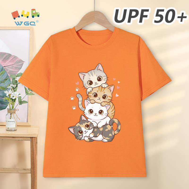 W.G.Q Áo thun bé gái / bé trai，Phong cách mới mùa hè có chức năng chống nắng UPF50 +，Thoải mái mát mẻ，thấm mồ hôi thoáng khí，có in hình mèo con