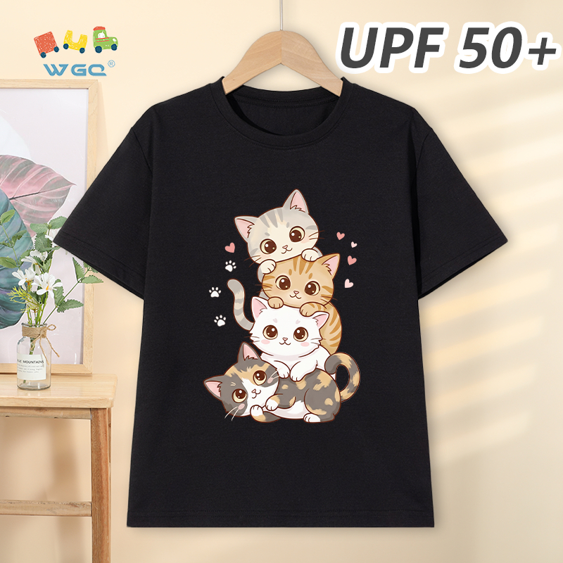 W.G.Q Áo thun bé gái / bé trai，Phong cách mới mùa hè có chức năng chống nắng UPF50 +，Thoải mái mát mẻ，thấm mồ hôi thoáng khí，có in hình mèo con