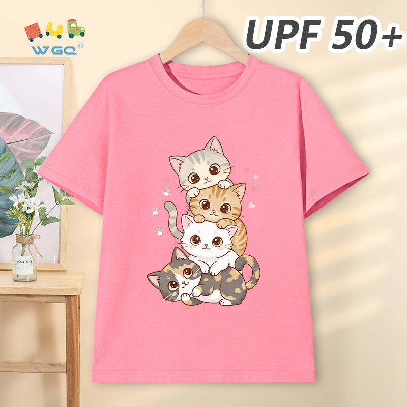 W.G.Q Áo thun bé gái / bé trai，Phong cách mới mùa hè có chức năng chống nắng UPF50 +，Thoải mái mát mẻ，thấm mồ hôi thoáng khí，có in hình mèo con